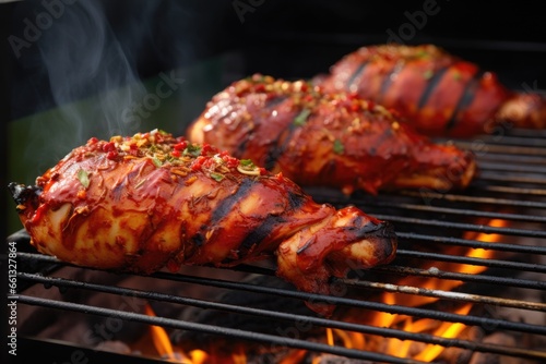 chicken with bright chili glaze grilling on a barbecue