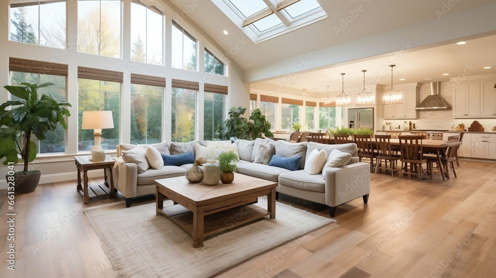 Fototapeta premium Beautiful, large living room with hardwood floors