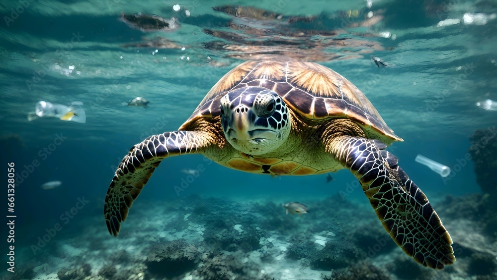 Fototapeta premium Sea turtle swimming along with the garbages and plastic bottles on the sea