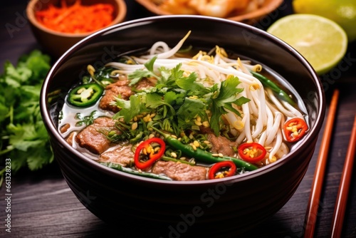 vietnamese pho in a large bowl with chopsticks on side
