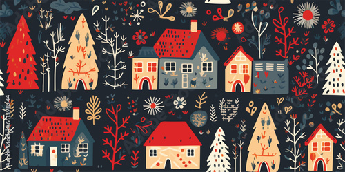 Seamless pattern with trees flowers, plants, country houses on a black background. illustration for design card, invitation, wallpaper, wrapping paper
