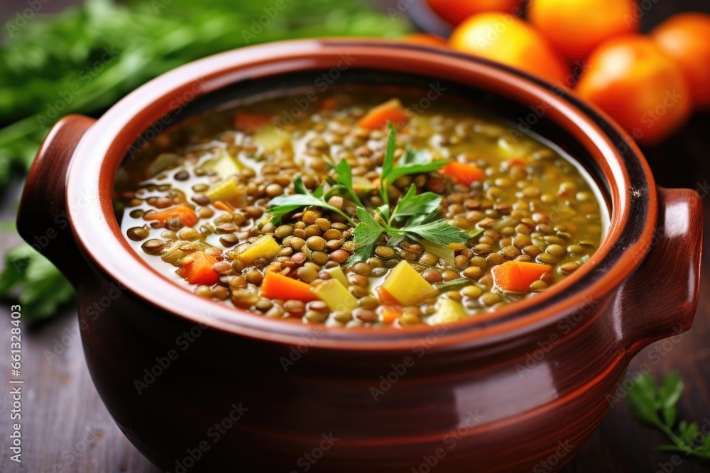 a close-up of a colorful bowl full of lentil soup a close-up of a colorful bowl full of lentil soup