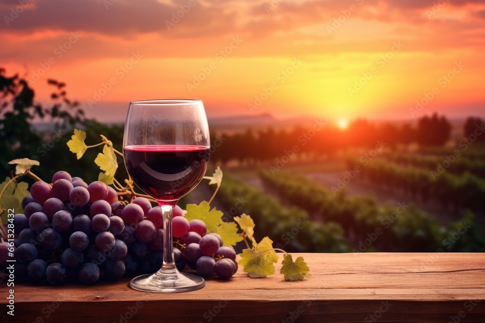 red wine and grapes on wooden table with vineyard sun background