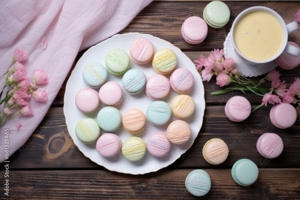 overhead view of pastel macarons on a wooden table overhead view of pastel macarons on a wooden table