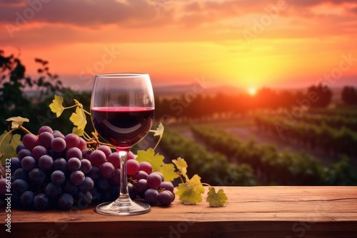red wine and grapes on wooden table with vineyard sun background