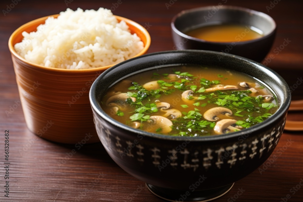 mushroom miso soup served with a side of rice