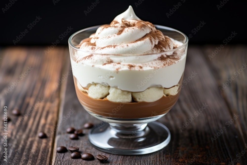 coffee mousse with a layer of whipped cream in a clear cup coffee mousse with a layer of whipped cream in a clear cup