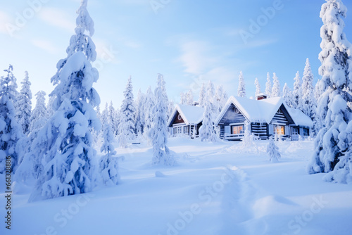 White snowy Lapland landscape at blue hour, Finland. Winter and Christmas travels to Arctic. photo