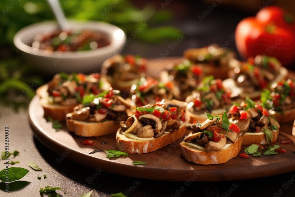 mushroom bruschetta arranged on a bright ceramic tiled table mushroom bruschetta arranged on a bright ceramic tiled table