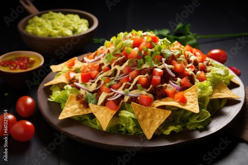 nachos with shredded lettuce and diced tomatoes, fresh made