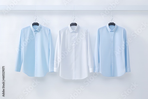 light blue and white color men's long-sleeved shirts, blue tones, hanging on the wall, white background