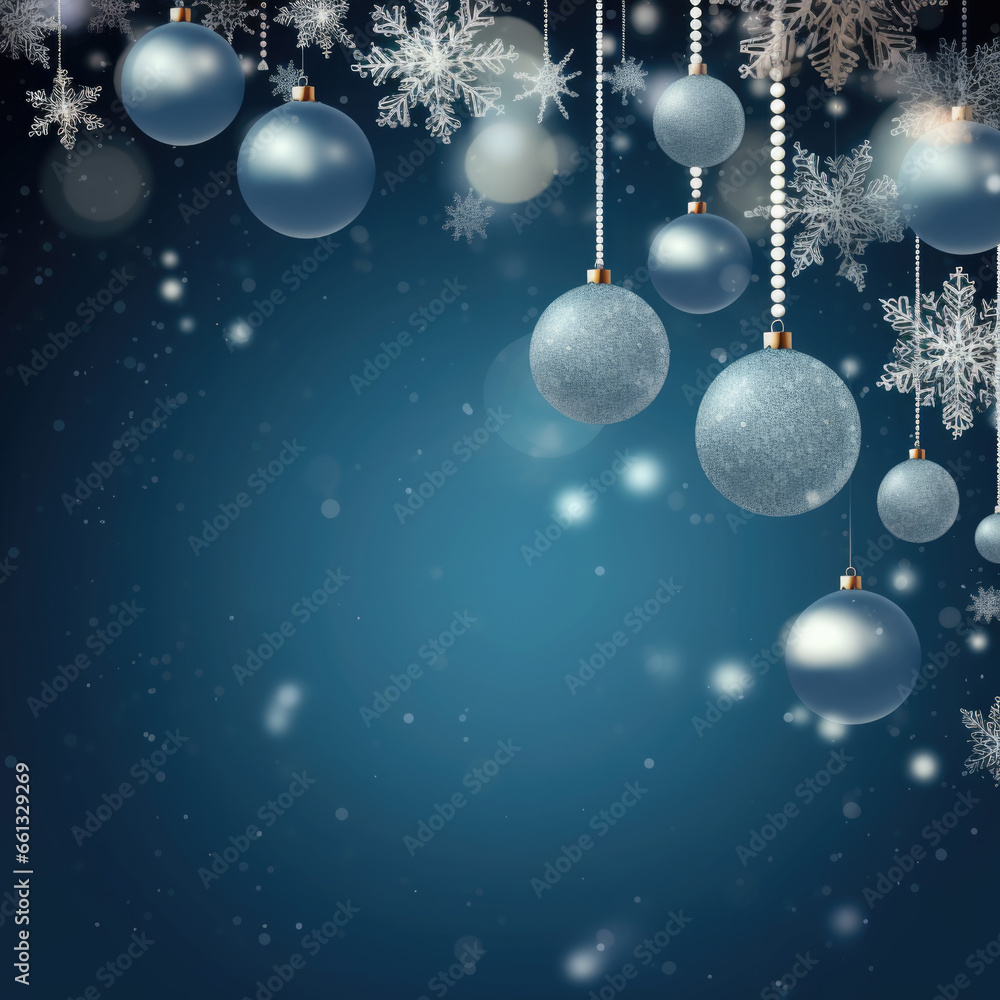 Christmas background with snowflakes and christmas balls in blue and white tones Christmas background with snowflakes and christmas balls in blue and white tones