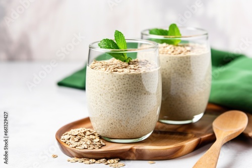 chia seed and oats in a glass, mint leaves on top