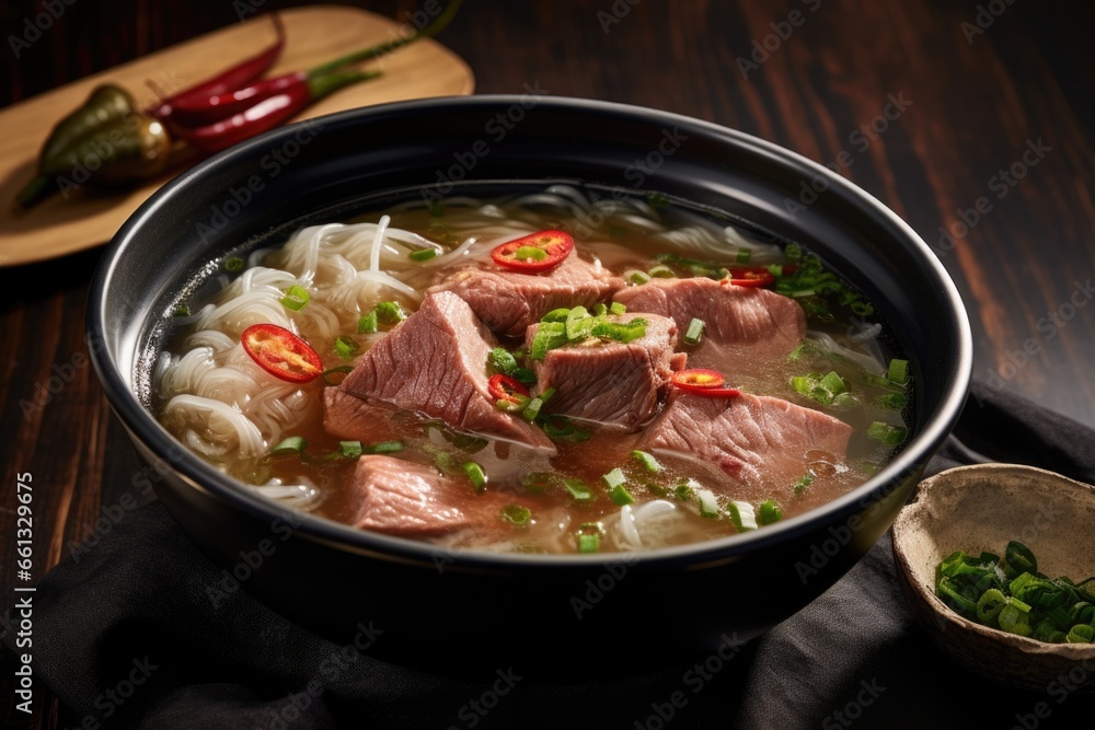 beef pho with white noodles submerged in the soup