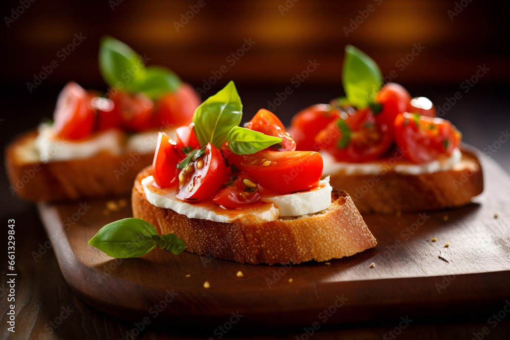 Mozzarella bruschetta with tomato and basil on table