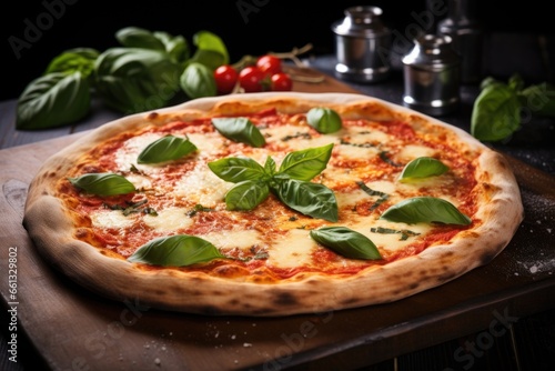 fresh pizza with basil leaves sprinkled on top