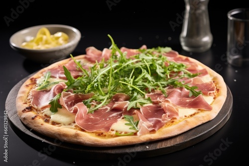 gourmet pizza with prosciutto and arugula
