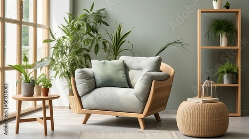 Pouf and gray armchair in spacious living room