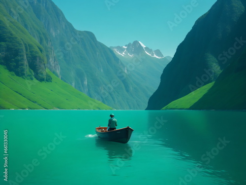 Boat on the lake, Man in a small boat, surrounded by a vast expanse of emerald-green mountains and a deep blue ocean.
