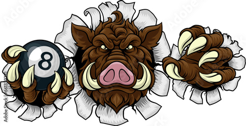 A wild boar, hog razorback warthog pig mean tough cartoon sports mascot holding a pool black eight ball © Christos Georghiou