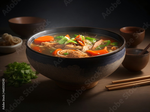 Ultra-realistic image of Chinese soup in a bowl, studio lighting, food, soup, dark backrgound