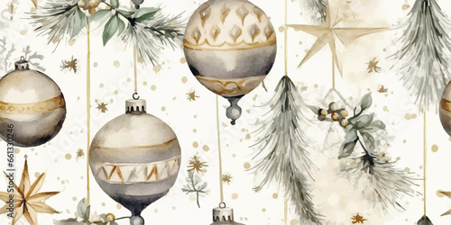 Christmas vintage watercolor seamless pattern on white with retro balls, vector holiday background in flat style for fabric, textile, wrapping paper, wallpaper