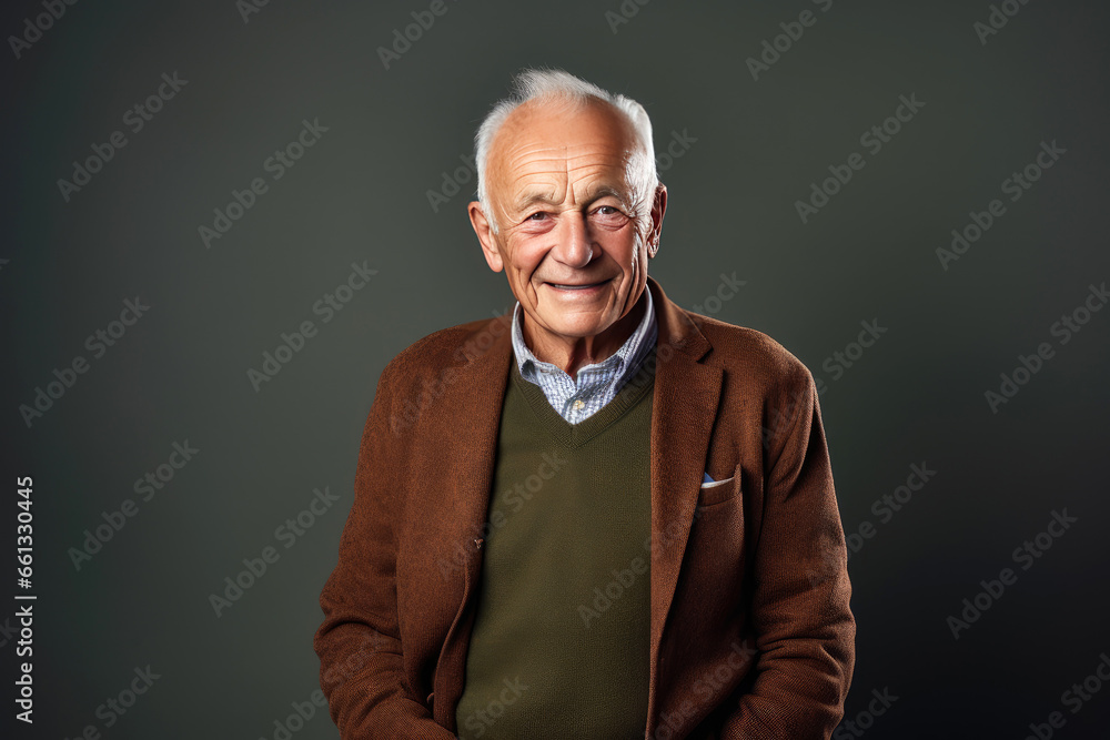 Portrait studio shot of an attractive, healthy senior man smiling relaxedly.