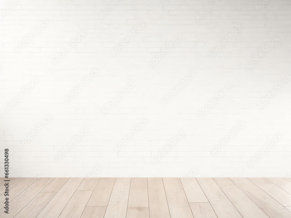 White bricks wall texture background with wood floor, minimal background, wall texture, Mockup