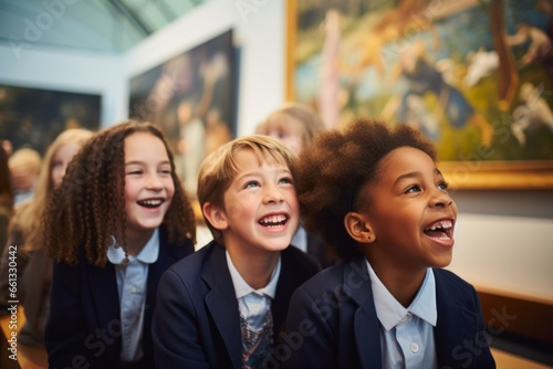 Schoolchildren at the art gallery, enjoying exhibition