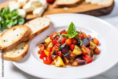ratatouille served with grilled cheese on a white plate