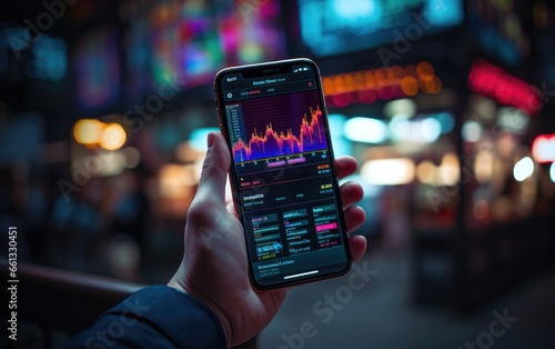 Close up hand business hold mobile phone and stock market graph on screen