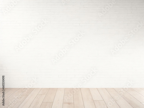 White bricks wall texture background with wood floor  minimal background  wall texture  Mockup