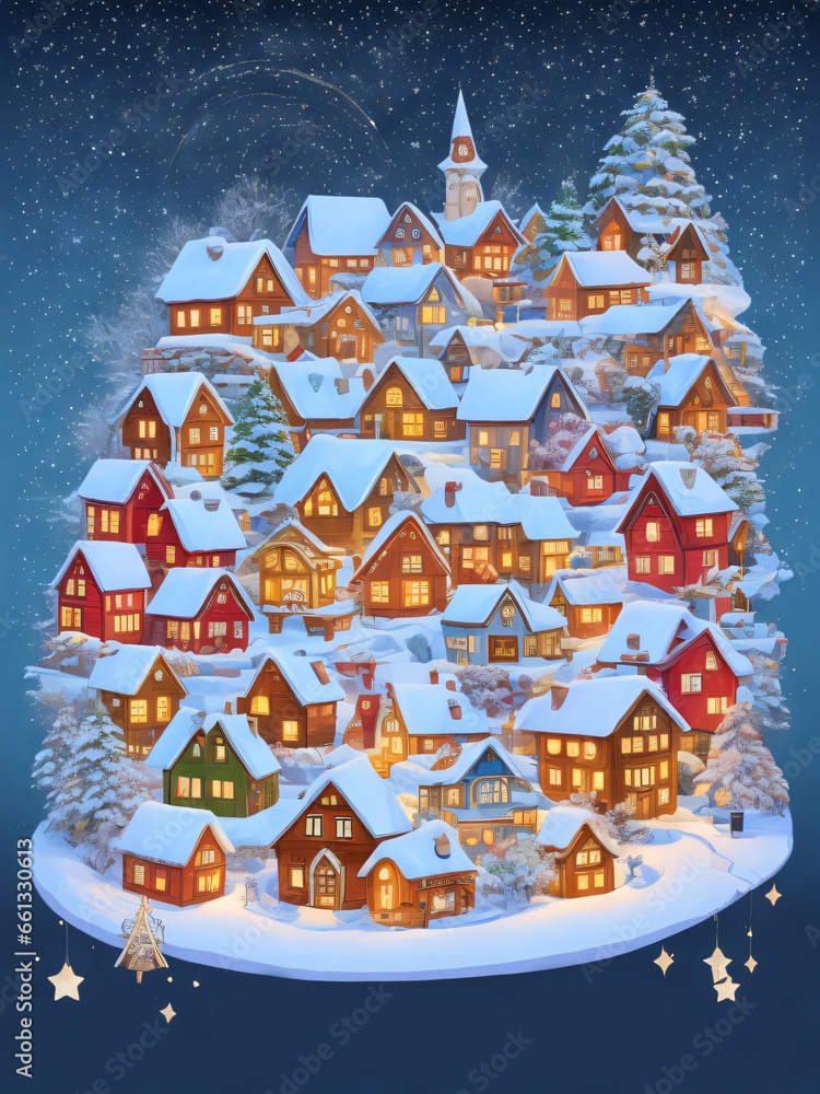 A village in winter with colorful houses and falling snow, Christmas celebrations, whimsical style, magical mood, starry lighting, vector, white background.