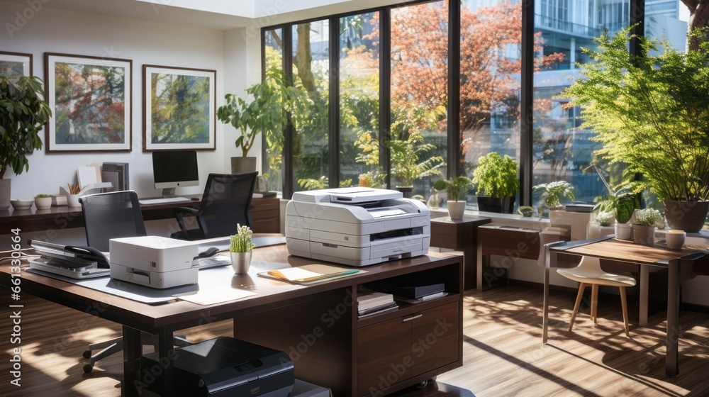 A photocopying area of a bright, spacious, modern office A photocopying area of a bright, spacious, modern office