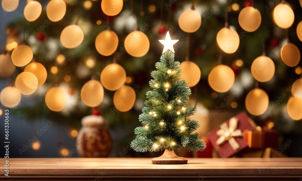 Empty woooden table top with abstract warm living room decor with christmas tree string light blur background with snow,Holiday backdrop,Mock up banner for display of advertise, Generative AI Empty woooden table top with abstract warm living room decor with christmas tree string light blur background with snow,Holiday backdrop,Mock up banner for display of advertise, Generative AI