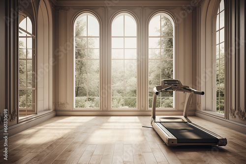 A Spacious Beige-toned Interior with a Treadmill and Natural Light through Arched Windows