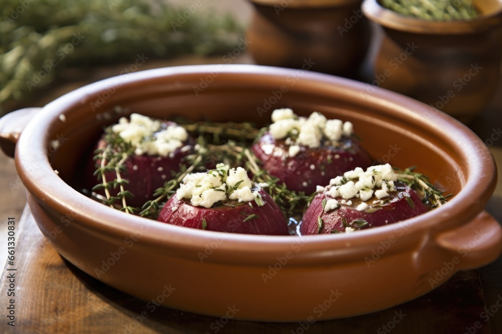 roasted beets with a dollop of goat cheese, served in a clay dish roasted beets with a dollop of goat cheese, served in a clay dish