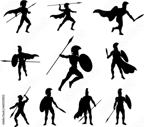A set of Spartan or Trojan ancient Greek hoplite warrior silhouettes. Could also be Roman gladiators. photo