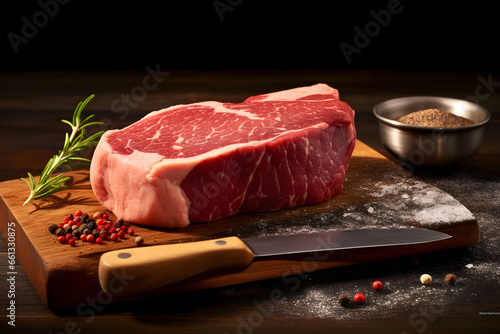 Fototapet Raw wagyu fillet steak on wooden chopping board