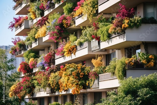Skyscrapers with flowers and vegetation along balconies.
