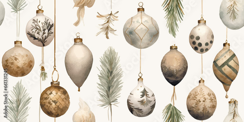 Christmas vintage watercolor seamless pattern on white with retro balls, vector holiday background in flat style for fabric, textile, wrapping paper, wallpaper