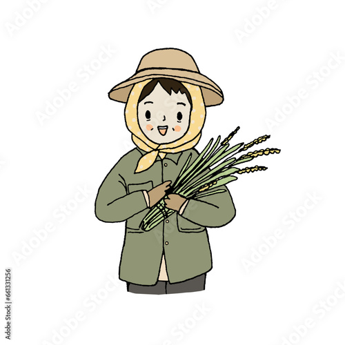 A woman farmer shows her harvested homegrown produce, hand drawn style vector illustration.