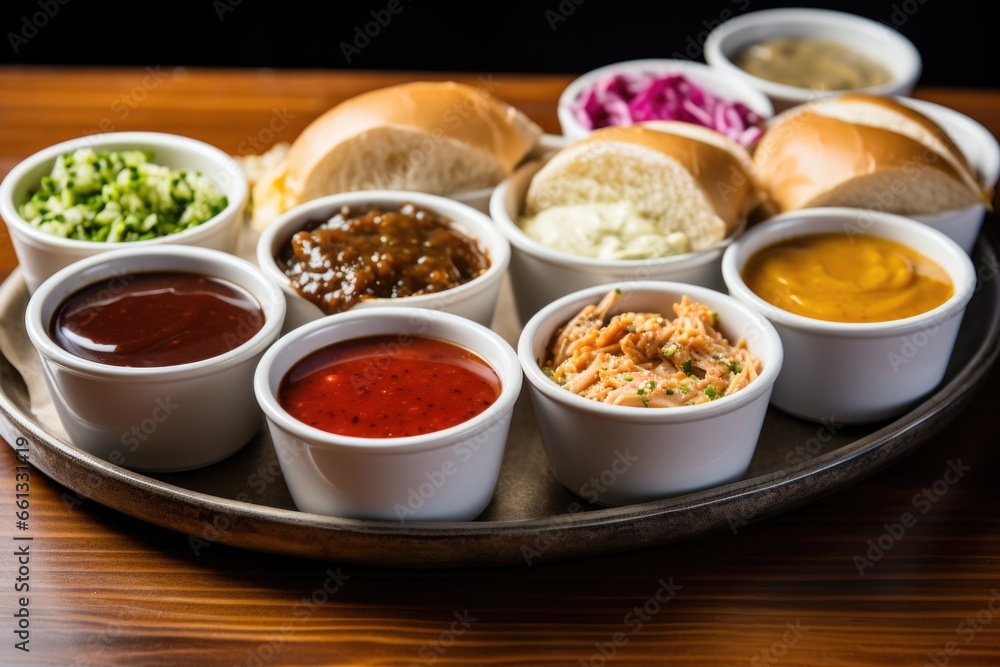 bowls filled with different sandwich sauces on a table bowls filled with different sandwich sauces on a table