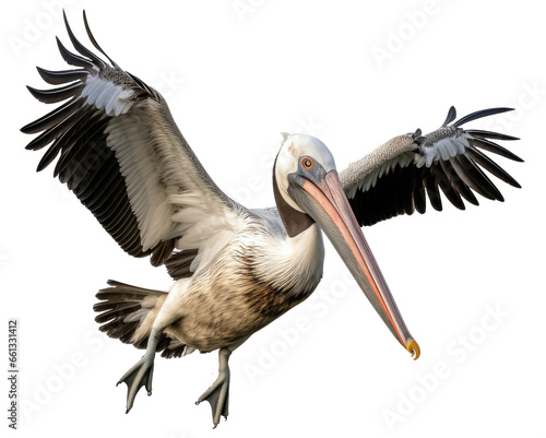 Flying pelican bird isolated on white background as transparent PNG photo