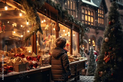 Small happy child looking at decoration in a shop Christmas Market and Enjoying of a charming holidays. © Shootdiem
