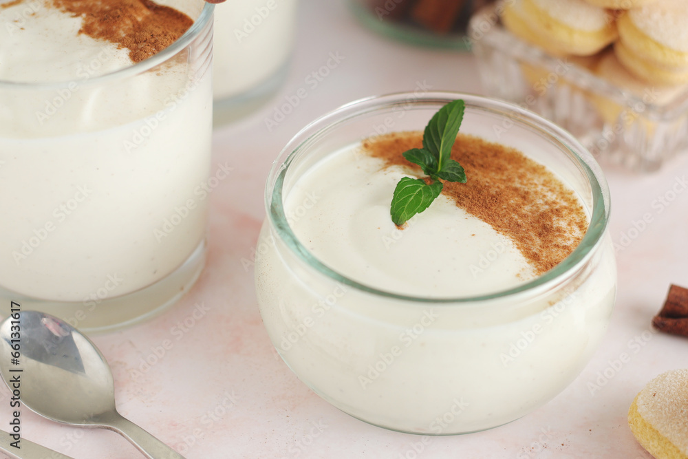 Glasses with traditional Italian dessert Zabaione made of eggs, sugar and wine Glasses with traditional Italian dessert Zabaione made of eggs, sugar and wine