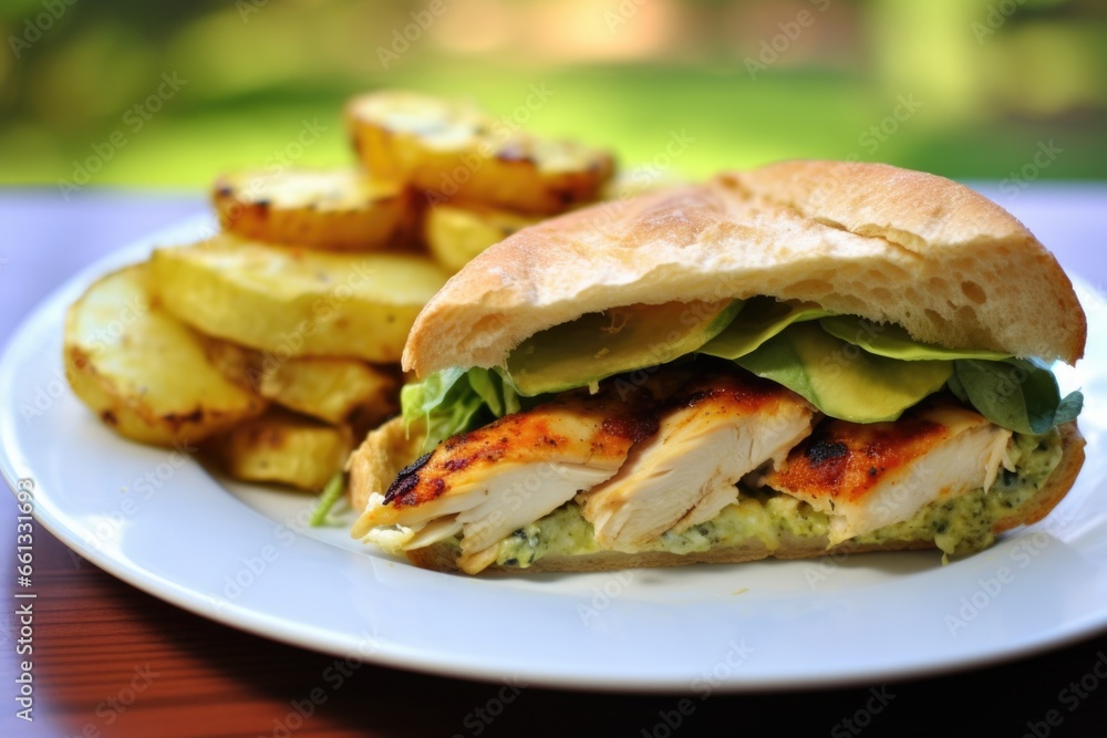 rustic chicken and avocado sandwich with a side of potato salad