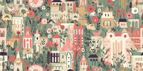 Vector pattern with with flowers, branch, leaves, flower market and cute Netherlands houses. Holland, Amsterdam. Creative floral texture. Great for fabric, textile Vector Illustration