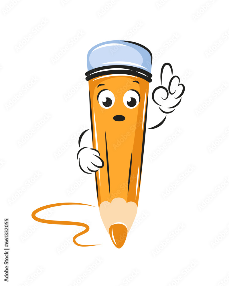 Cartoon pencil pointing with his finger. Knowledge and education concept. Vector illustration for children design or school.
Cartoon pencil pointing with his finger. Knowledge and education concept. Vector illustration for children design or school.