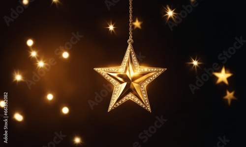 Gold star light hanging on dark background, Generative AI